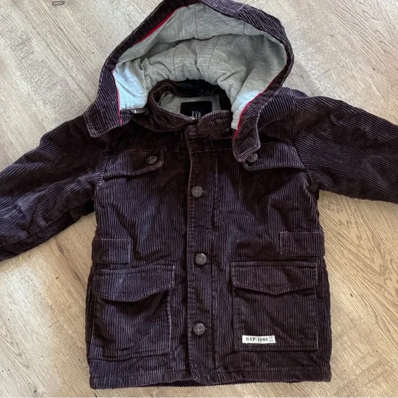 Baby Gap Toddler Brown Corduroy Hooded Jacket 5 Years Lined Utility Coat - Picture 7 of 10